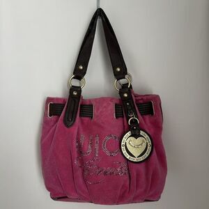 Juicy Couture Y2K Pink Velour Tote Bag Rhinestone Logo Heart Charm Shoulder